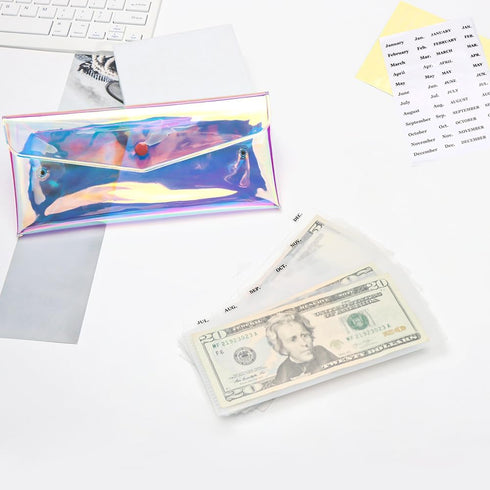 Cash Envelopes Wallet Set with Clear Rainbow Wallet, 6PCS Cash Divider, Pocket Cash Envelopes, and Tab Stickers for