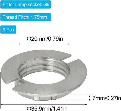 LUORNG 9PCS G9 3/4 Inch 0.79 Inch Light Socket Rings Alloy Lamp Shade Holders Silver Tone for Table Floor Lamps Inner