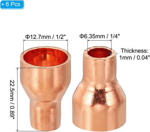 PATIKIL 1/2" to 1/4" ID Copper Reducer, 6pcs 99.9% Pure Copper Reducing Coupling