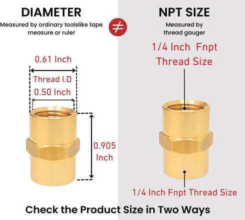 Brass Coupling 1/4" NPT Female x 1/4" NPT Female Hex Head Pipe Fitting (Pack of 2) - Compressor connector 1/4 Inch fnpt to 1/4 Inch fnpt, Air Hose Adapter Brass Fittings by T TANYA HARDWARE