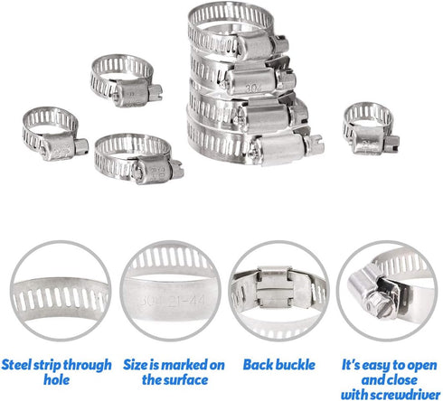 Glarks 100Pcs 8-44mm Range 304 Stainless Steel Worm Gear Hose Clamps Assortment Kit for Plumbing