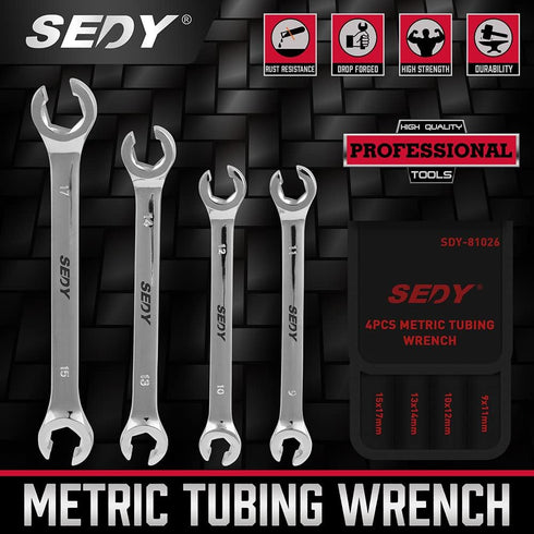 SEDY 4-Piece Flare Nut Wrench Set, Offset End Spanner Metric 9 10 11 12 13 14 15 17mm, CR-V Steel Storage Pouch Repair and Remove Nuts on Fuel Tube Hose Transmission Line by SEDY
