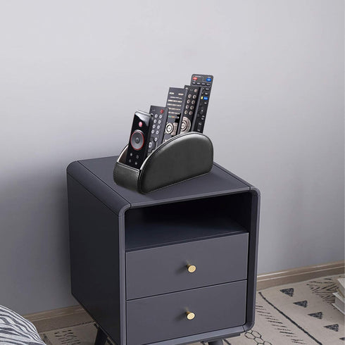 5 All-in-One Leather TV Remote Control Holder Black with Compartments Nightstand Desktop DVD Media Player Remote Caddy