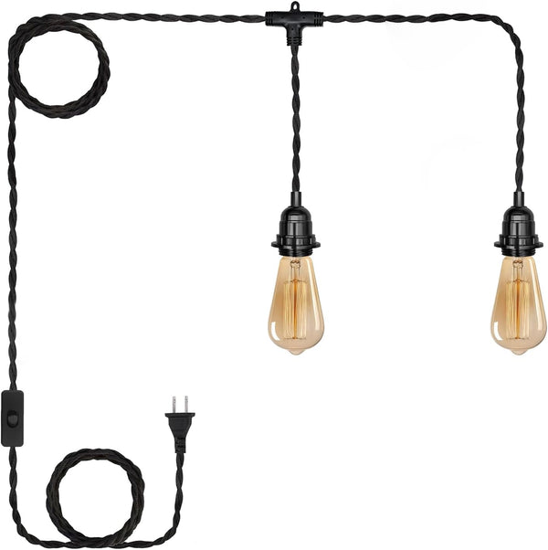 Black Rope Pendant Light Plug In 2 Light Hanging Lights with Plug