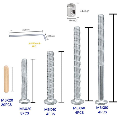 XVTHOAKU 20Set Kit-M6 20/40/60/80mm 1 Crib Hardware Screws Hex Socket Head Cap Crib Baby Bed Bolt and Barrel Nuts