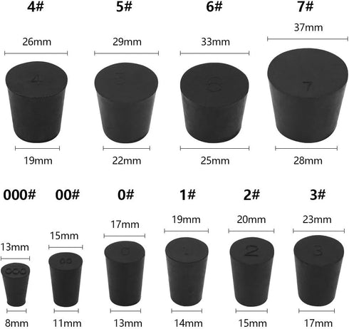 27 Pack (10 Assorted Sizes) 000# - 7# Tapered Lab Bungs Solid Rubber Stoppers