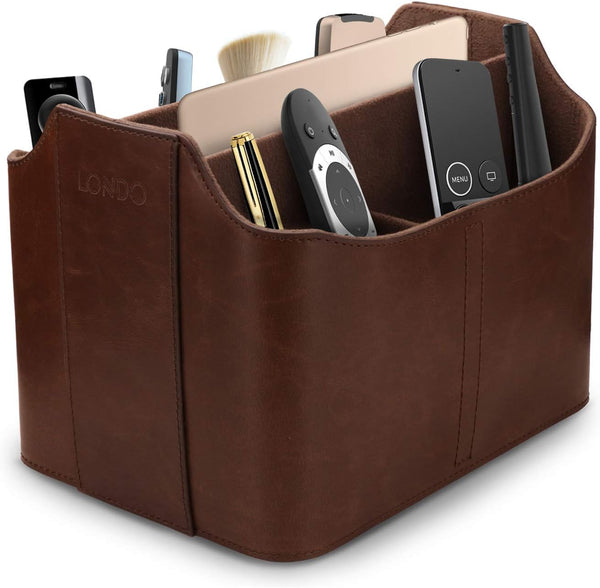 Londo Leather Remote Control Organizer and Caddy - Includes Tablet Slot