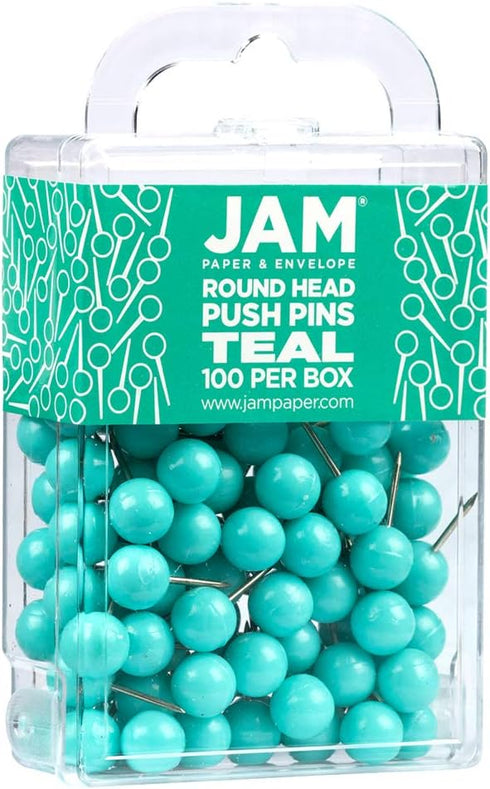 JAM PAPER 100/Pack Colorful Push Pins - Round Head Map Thumb Tacks - Teal Pushpins