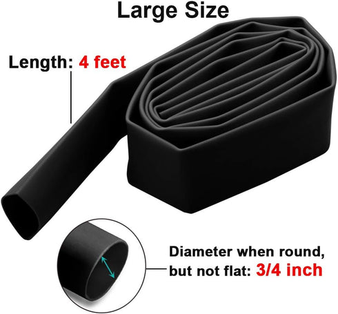 3/4 inch Dual Wall Adhesive Heat Shrink Tubing, Large Glue Lined Marine Cable Sleeve Tube, Black (4 Feet)