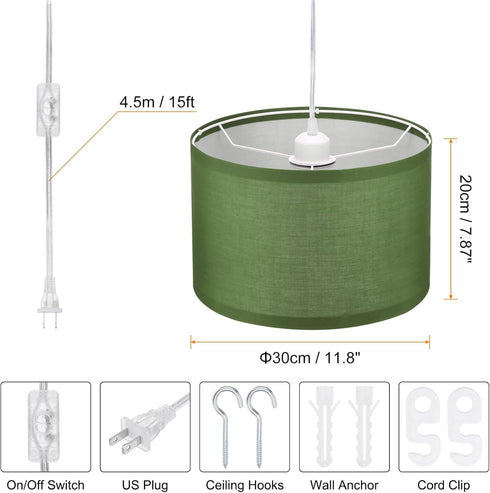 15Ft PATIKIL Plug in Pendant Light, Rope Cord Hanging Lamp Fixture Army Green