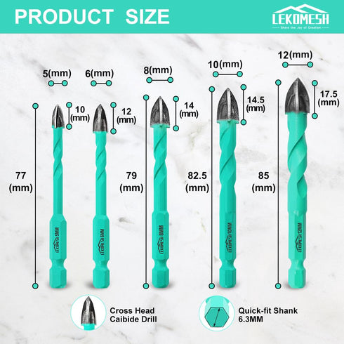 Masonry Concrete Drill Bits Set, 5pcs 5/6/8/10/12mm Carbide Tips for Wood, Plastic, Concrete
