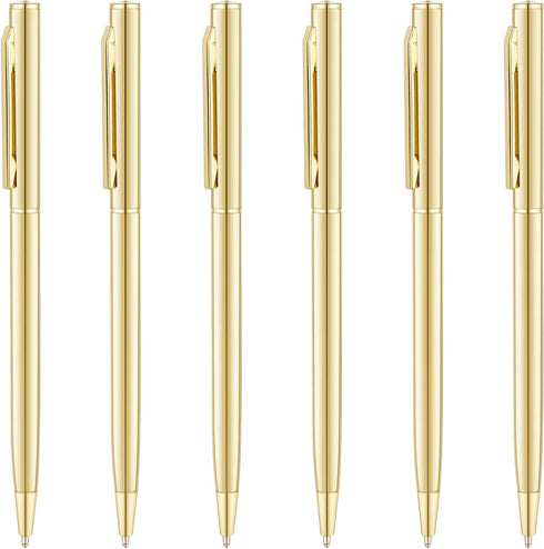 Unibene 6 Pack Gold Slim Ballpoint Pens, Black Ink Medium Point, Nice Gift for Office and Students
