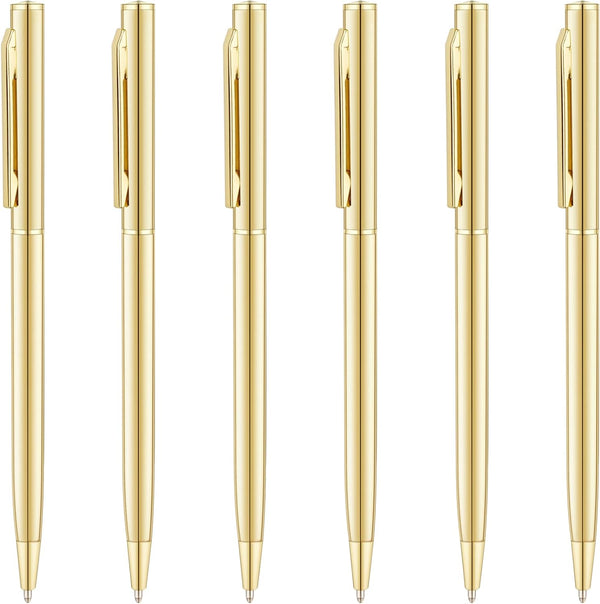 Unibene 6 Pack Gold Slim Ballpoint Pens, Black Ink Medium Point, Nice Gift for Office and Students