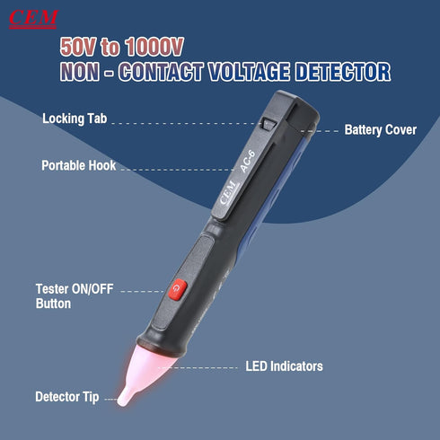 Non-Contact Voltage Detector Pen, CEM AC-6 Voltage Tester 50V to 1000V AC with Audible and Flashing LED Alarms