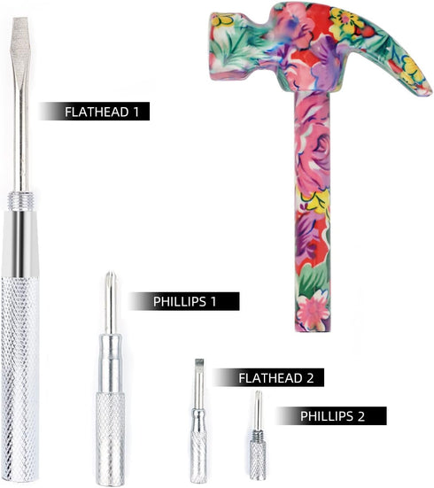 YOUMI 6 in 1 Multifunctional Floral Hammer & Screwdriver Tool Set, Claw Hammer with Phillips Screwdriver (Pink)