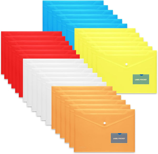 Letter, A4 size Plastic Envelopes 30 PCs with Label Pocket and Snap Closure - FLEXOFFICE - Assorted Colors
