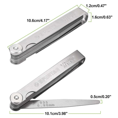 Spurtar Feeler Gauges Set - 32 Blades, 0.001-0.04" (0.03-1.00mm), Stainless Steel, Dual Marked SAE and Metric