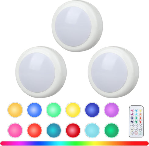 16 Dimmable (3 Pack) RGBW Color Changing Puck Lights with Wireless Remote - Colors Under Cabinet, Battery Powered LED