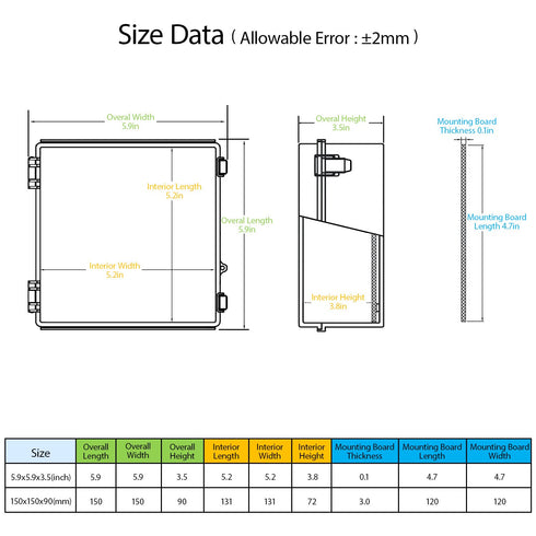 LeMotech Electrical Box, IP67 Waterproof Hinged Cover Stainless Steel Latch Junction box, ABS Plastic Electrical Enclosure with Mounting Plate,Wall Brackets, Cable Glands,5.9"x5.9"x3.5",Grey