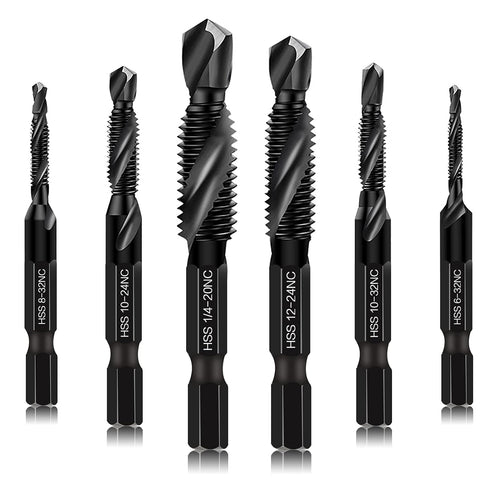 6 Packs Combination Drill & Taps Bit Set, Screw Tapping in SAE Size with Anti-rust Black Coating, 1/4” Hex Shank