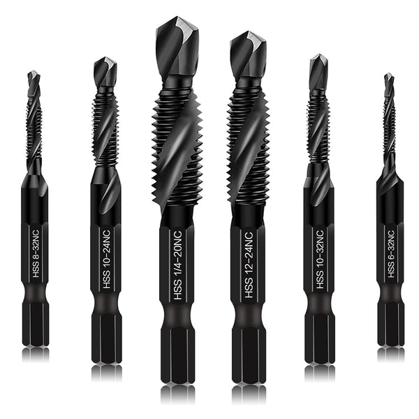 6 Packs Combination Drill & Taps Bit Set, Screw Tapping in SAE Size with Anti-rust Black Coating, 1/4” Hex Shank