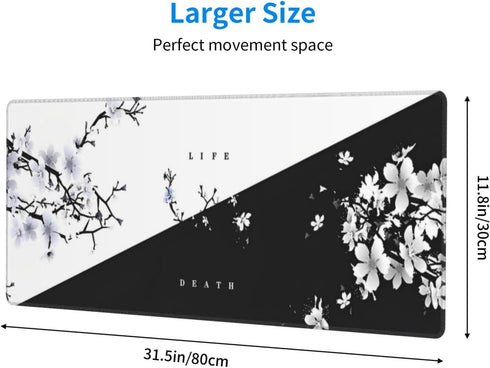 Japanese Life Death Keyboard Mat, Black White Japanese Anime Gaming Mouse Pad for Desk with Anti-Slip Rubber Base and Stitched Edges, Japanese Sakura Pagoda Sun Mouse Pad by Brecoy