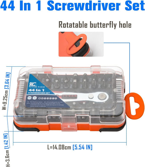 ROTATION 44pc Bit Set, 1/4 Mini Ratchet Offset Screwdriver, Portable Case, CR-V Steel, Multi Hex/Phillips Bits
