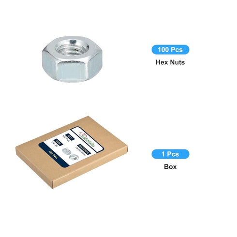Hex Nuts (1/4"-28) 100Pcs, Zinc Plated Carbon Steel Fine Thread Hexagon Nut Hardware for DIY Home Repair