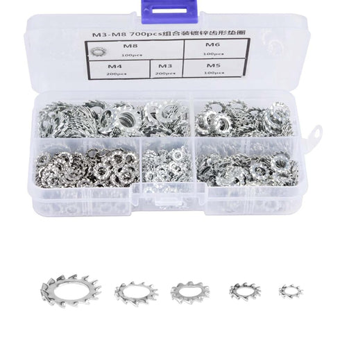 700pcs Galvanized Serrated Tooth Lock Washer Flat Washer Set for Electrical Connections, M3/M4/M5/M6/M8