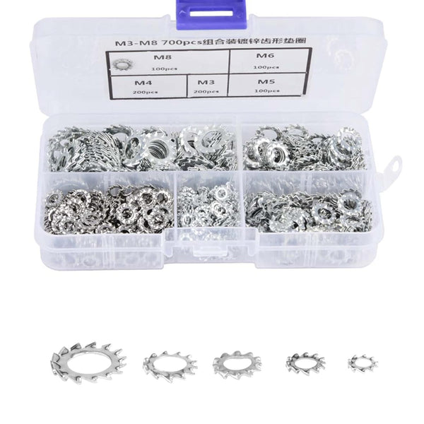 700pcs Galvanized Serrated Tooth Lock Washer Flat Washer Set for Electrical Connections, M3/M4/M5/M6/M8