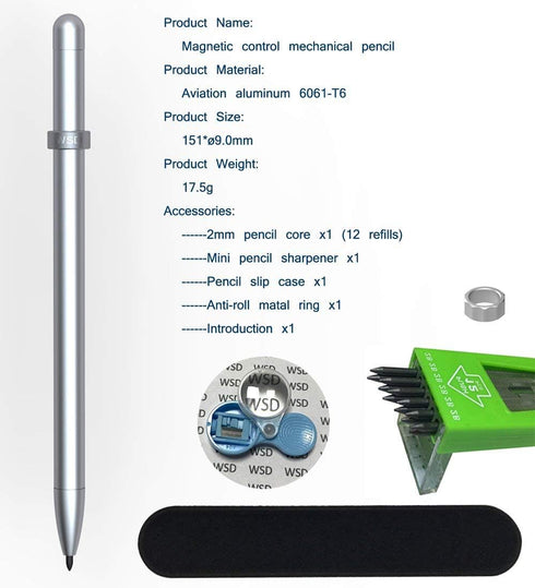 WSD 2.0mm Mechanical Pencil, Drawing Pencils, Sketch Pencils, Magnetic Control Pencil, 2B Silver Refills