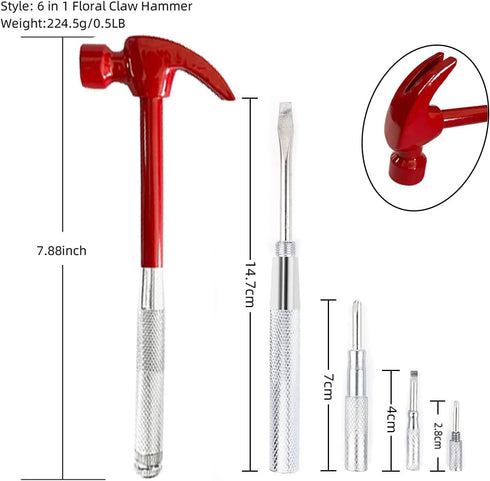 Brass Hammer with Screwdriver, 6 in 1 Small Multitool Camping Hammer Set with Phillips/Flat Head, RED