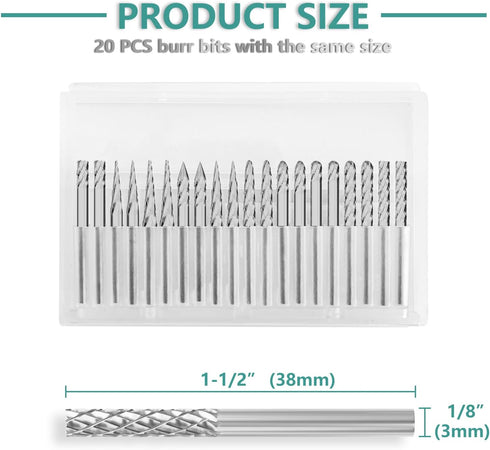 Carbide Burr Set - 1/8'' Shank Diameter Set of 20 Carbide Rotary Tool bits for Engraving and Grinding for Metal Engraving, Woodworking Engraving and polishing.