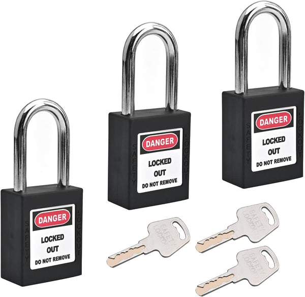 MroMax Lockout Tagout Lock - Safety Padlock Keyed Alike, 3 Pcs, Black Steel Shackle