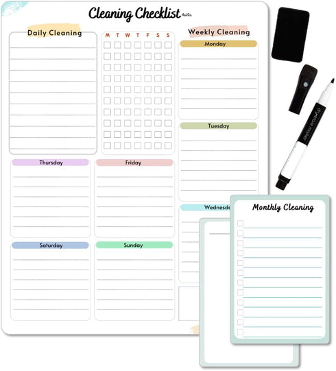 Cleaning Checklist Dry Erase Magnetic Whiteboard for Refrigerator, Daily, Weekly, Monthly Chores Planner for Adults