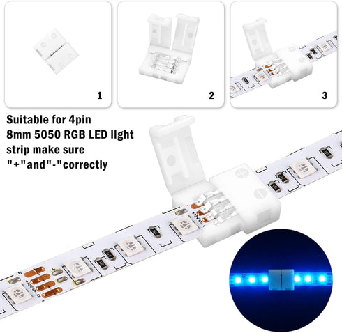 VIPMOON 20 Pack 4 Pin RGB 8mm Solderless Connectors Adapter for SMD 2835 3528 Non-Waterproof LED Strip Light