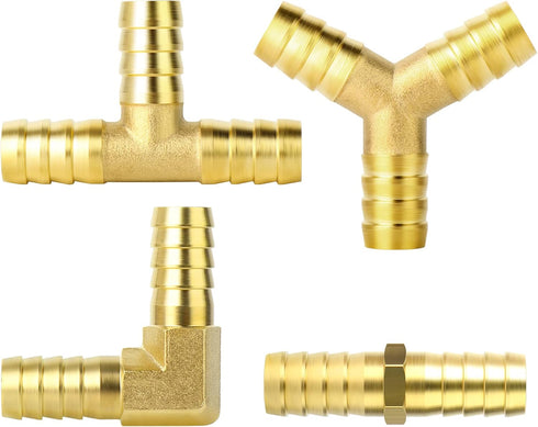 GASHER 8-Piece 3/8 Inch Brass Hose Barb Set - 90 Degree Elbow, Y-Shape Connector, Multi-Purpose Fuel/AIR/Water