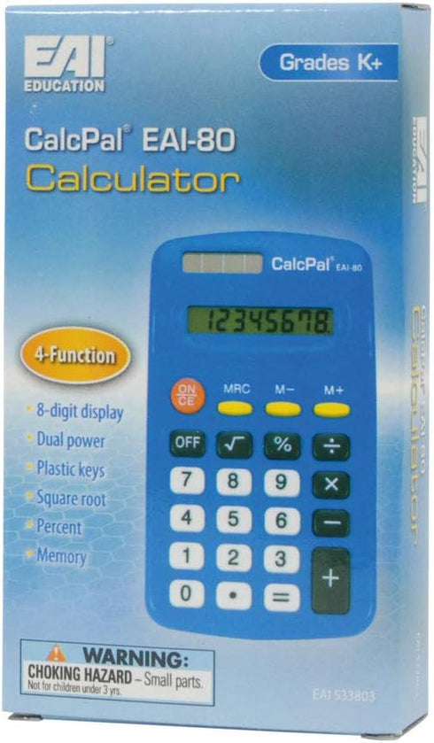 EAI Education CalcPal EAI-80 Basic Solar Calculator, Dual-Power for School, Home or Office, Blue - Set of 10