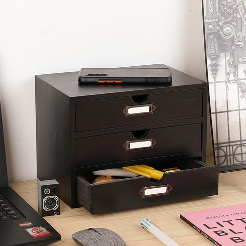Wooden Storage Box Rustic Desktop Organizer with 3 Drawers, Office Desk Accessories Shelf for Craft Storage