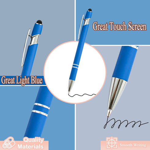 PASISIBICK 12 Pieces Blue Ballpoint Pen with Stylus Tip, 2 in 1 Stylish Metal Pen for Touch Screens, Black Ink (Light