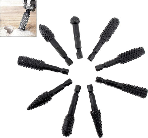 10pcs Rotary Burr Wood Carving Rasp Files Set with 1/4" Hex Shank for Woodworking Carving, Shaping, and Grooving