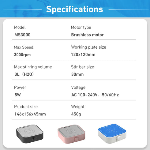 3000rpm Magnetic Stirrer Mixer with Stir Bar, Brushless DC Motor, Max 3000ml Magnetic Stir Plate Mixer, Black-White