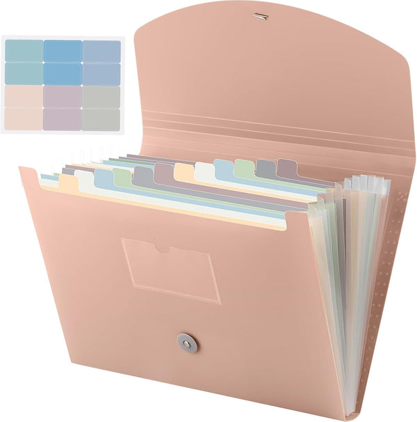 Cholemy Expanding File Folder, 13 Pockets, A4 Letter Size Receipt Document Organizer, Plastic Expandable, Pink