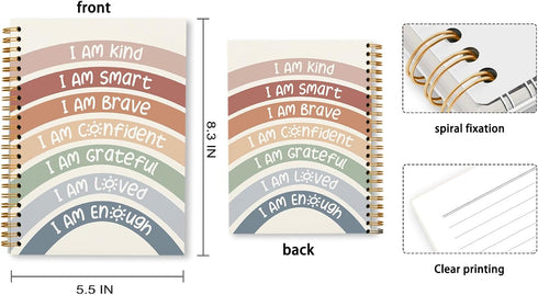I am Kind Smart Brave Positive Boho Rainbow Lined Hardcover Spiral Notebook Journal, College Ruled, 5.5×8.3 Inch,
