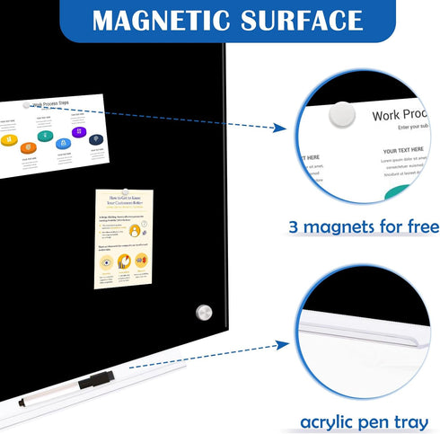 Magnetic Glass Board, 24 x 18 Inches Glass Whiteboard, Black Dry Erase Board