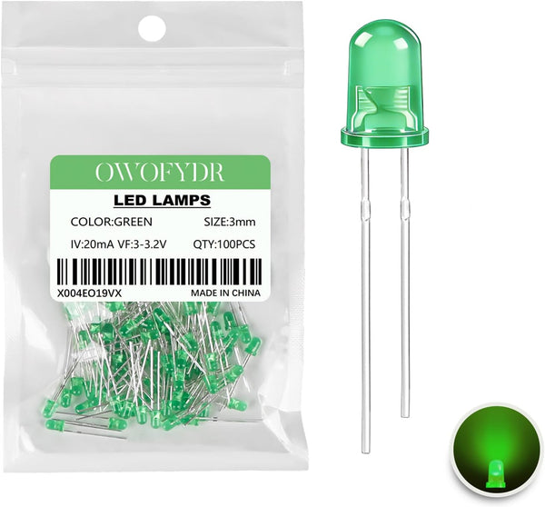 OWOFYDR 100pcs 3mm Green LED Diode Lights diffused lamp (Color Lens Round DC
