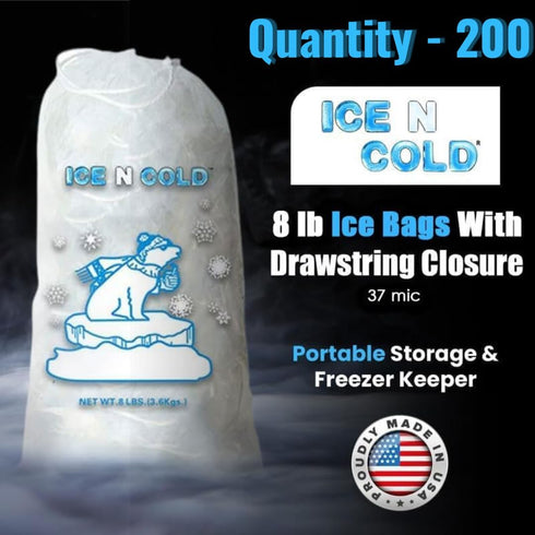 Ice Bags with Drawstring Closure, 8lb, 200ct/cs, 37 Mic Thickness for Portable Storage and Freezer