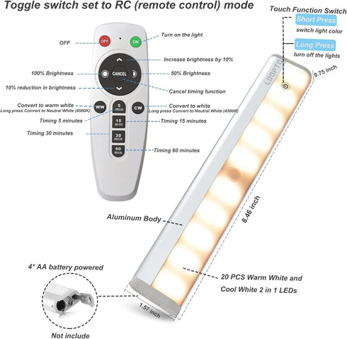 4 Pack, Dimmable Closet 3 LDOPTO Motion Sensor Under Cabinet Lights with Remote Battery Operated Lighting, LED Night
