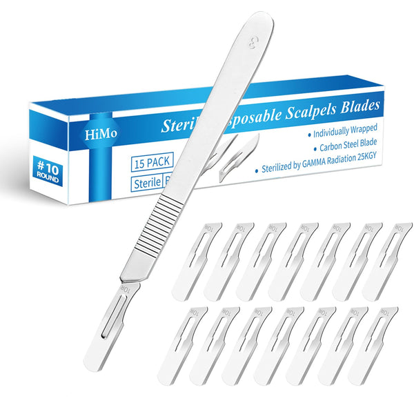 15 Pack #10 Surgical Blades with Stainless Steel Scalpel Handle, High Carbon Steel Dermablade Blades Sterile Wrapped