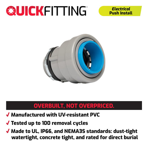 QuickFitting 1/2 inch Junction Box Connector, Push Install PVC Electrical Conduit Fitting, 10-Pack